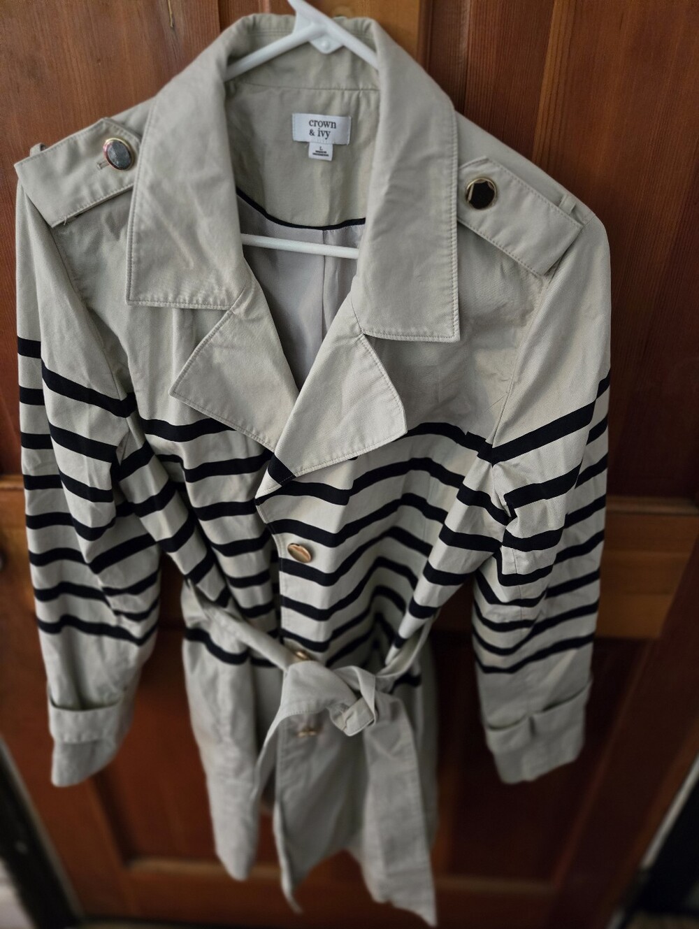 crown & ivy Cream Trench Coat with Black Stripes